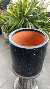 POT BUNGA GERABAH TANAH LIAT SILINDER MOTIF SPRINKLE HITAM D30 T30 - SILINDER D30 SPRINKLE HITAM