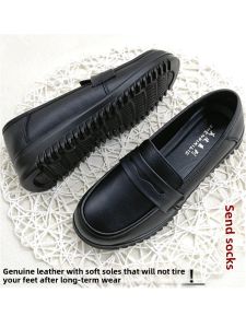 Authentic Leather Loafers Soft Bottom Mom Shoes Middle-Aged Womens Shoes Black Low Heel Casual Leather Shoes Flats Flats Spring & Fall