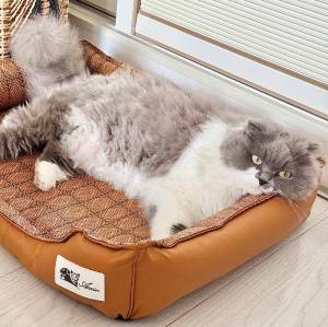 Lovinland Pet Breathable Cooling Bed Mat with Rattan Nest Double Sided Chew Resistant Summer Pad for Cat Dogs Non Slip Cooling Sleeping Cushion for Indoor Use