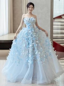 Blue Floral Strapless Evening Gown Womens New 2025 Princess Style Wedding Dress with Handmade Flowers mid Waist Long Skirt