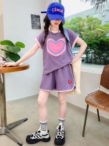 LS Show Girls Summer Heart Printed Suit Cotton Suit Sport Tshirt Short Shorts 120-170cm