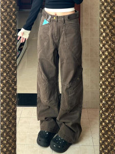 plus Size American Retro Deconstructed Multi-Pocket Workwear Denim Pants Womens Loose Straight Leg Slimming Wide Leg Long Trousers