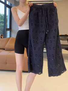 High-Waist Lace-Cut Flower Casual Pants: Summer Thin Style for Plus Size Women with High-End Feeling and Ankle-Length Length