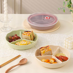 Ins Style Three-Compartment Ceramic Plate with Lid Deepened Microwave Heating Candy Color Dinnerware for Single Person Fat Reduction