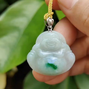 18k Gold Crasp added for Pendant crafted as Milo Buddha with Green Patch Natural Type A Jadeite Jade certificate weighs 5.01 grams measurement 24.3 * 25.8 * 5.8 mm (18kp73)