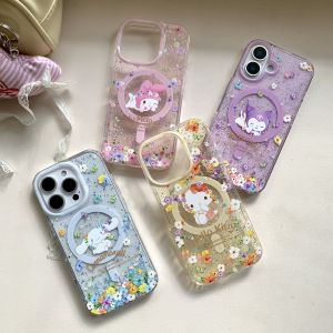 Kawaii Cartoon Flower Print Magnetic Suction Phone Case for iPhone 17 pro Womens Style Protective Cover Compatible with Apple 16 pro Max