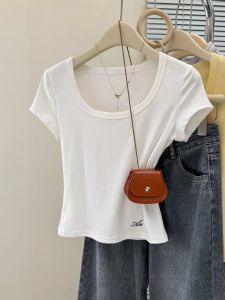 Summer 2025 Womens Slim Fit Short Sleeve T-Shirt Korean Style U-Neck Embroidered Fashionable Shoulder Length Trendy Top