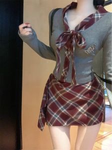 Retro Academic Style Casual Fashion Set Womens Autumn New Slim Checkered Top High Waist Mini Skirt Two Piece Set