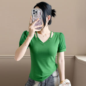 YIMEI เสื้อสายเดี่ยวคอวีสำหรับผู้หญิงเสื้อแขนสั้นสำหรับหน้าร้อนใหม่2025เสื้อยืดผ้าฝ้ายเรียบง่ายและมีสไตล์