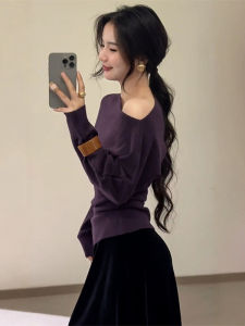CHOEFULYN | Áo Sweater Knit Tím Dài Tay Trễ Vai Giảm Cân & Thời Trang