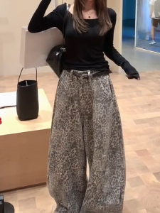 Quần Jeans Denim Ống Rộng Cạp Cao Kiểu Dáng Rộng Thời Trang Mùa Thu Cho Nữ Quần Dài Đến Sàn in Hình Voi Thiết Kế Mỹ Phong Cách Cool Sweet Hot