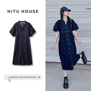 Đầm Midi Jean Suông Xanh Đậm Cổ Trụ Tay Bồng Cúc Dọc Vintage - Hitu House [D.01]