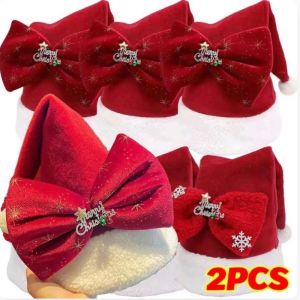2PCS Thickened Soft Plush Large Bow Santa Claus Hat Caps Merry Christmas Hats for Women Adults Thickened New Year Party Decor Gif
