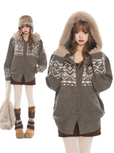 เสื้อคาร์ดิแกนถักแบบมีฮู้ด BEARเด็กผู้หญิง ทรงหลวม สำหรับผู้หญิง ฤดูใบไม้ร่วง/ฤดูหนาว ปกขนสัตว์แบบถอดได้ กระดุมหัวเรือ ผ้าถัก อบอุ่น แฟชั่น