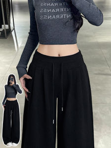 Black Fleece Lined Loose Sports Pants Womens Low Waist Casual Straight Leg Pants Comfortable Lazy Style Autumn Winter New Arrival