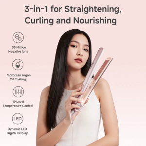 SimplusPink 3-in-1 Hair Straightener丨30 Million Negative Ions丨Five Temperature Settings丨Moroccan Argan Oil丨Ceramic Coating丨NTC Intelligent Temperature Control丨PTC High-Speed Heating丨Rolling LED Digital Di