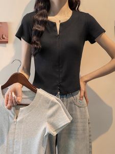 Black Short Sleeve T-Shirt Womens Fashion Slim Fit High Waist Short Length Zipper Style Commute Pure Color Summer New Arrival
