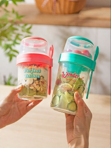 MODERN SWEETHOME | Portable Covered Spoon Included Oatmeal Cup Yogurt Bowl Fruit Lunch Box Salad Cup