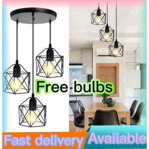 [ FREE LED BULBS] 3 Head Drop light Metal E27 Cage Ceiling Light Pendant Light for Living Room Vintage Lamp Chandelier for dining room for hallway