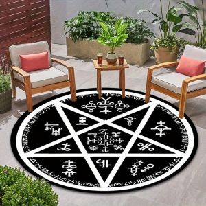 VIKAMA Pentagram Rune Rug Black White Round Non-Slip Floor Mat Tarot Room Decor Carpet for Living Room Bedroom Home Decor