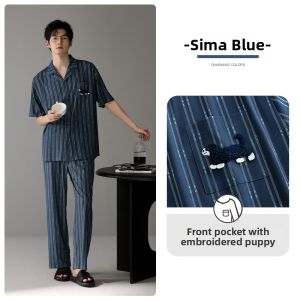 JIALEFEN | Summer Lightweight Striped Cotton Mens Pajamas Short Sleeve and Long Pants Home Wear And Outwear