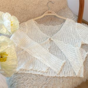 Spaghetti Straps Knitted Cardigan Womens Thin Outerwear Two-piece Set Ice Silk Shawl Summer Sun Protective Blouse Coat Short Tops