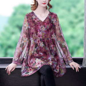 plus Size Loose Mesh Base Shirt Womens Autumn Winter New Style Lace Patterned Top for Older Women Comfortable Korean Style