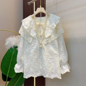 plus Size Womens Fashionable Lace Splice Doll Collar Top Slimming Versatile Autumn New Arrival Casual Style Polyester Fiber