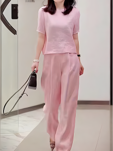 UYFY | Pink Slimming Summer Casual Set Womens Plus Size Wide Leg Pants Short Sleeve T-Shirt Two Piece Set Fashionable Thin Look