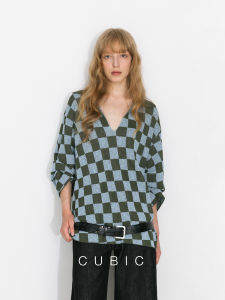 Color Block Checkered Straight Loose Turn-Down Collar Sweater