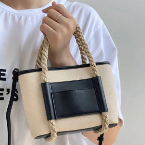 2026 NEW ARRIVAL stylish hemp handle leather shoulder crossbody canvas bag