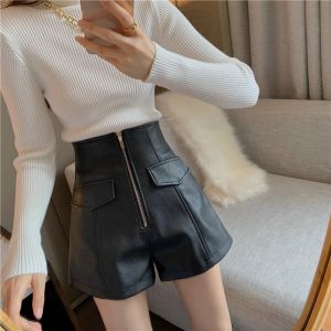 High Waist Wide Leg Leather Shorts Womens Fashionable Casual Pants Boot Cut Slimming Bootleg Polyester Fiber Knitted Pants