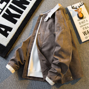 Retro Distressed PU Leather Jacket Mens Spring Autumn New Style Cool Flip Collar Biker Jacket Outerwear Fashion Trend