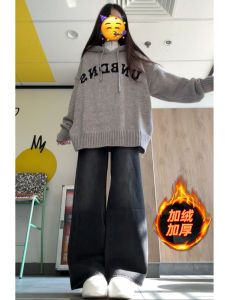 กางเกงยีนส์ทรงตรงเอวต่ำบุขนแกะสไตล์อเมริกันสำหรับผู้หญิง กางเกงขายาวทรงสลิมฟิตสำหรับนักเรียนมัธยมปลายและมัธยมต้น ฤดูใบไม้ร่วง/ฤดูหนาว