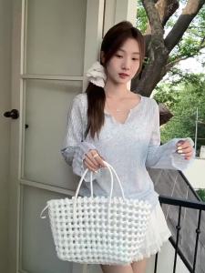 La Chapelle | Korean Style Large Neckline Summer Thin Transparent V-Neck Wooden Ear Hem T-Shirt