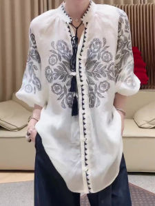 SHUAIYUE | Áo Blouse Rộng Thêu Dân Tộc Phong Cách Cổ Điển Pháp