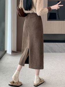 กระโปรงทรงเอเอวสูงสีน้ำตาล ผ้าคอร์ดูรอย กระโปรงทรงเอยาวปานกลาง กระโปรงทรงเอเข้ารูป กระโปรงทรงเอสำหรับผู้หญิง ฤดูใบไม้ร่วง/ฤดูหนาว