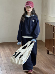 MPW | Girls Autumn Fashionable Knitted Three-Piece Set Casual Style Patchwork Midi Large Childrens Clothing Blue And White Plaid