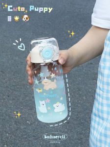 Original Durable Plastic Straw Cup with Handle Large Capacity Star Dog Design Cute Lid Anti-Fall Summer Cool Handheld Water Cup