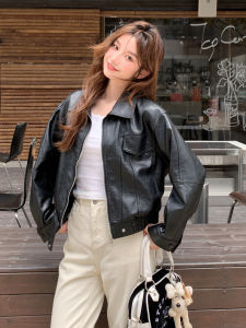 Black Retro Hong Kong Style Short Leather Jacket Womens Autumn New Large Female PU Leather Coat Aspirational Commuter Loose Fit