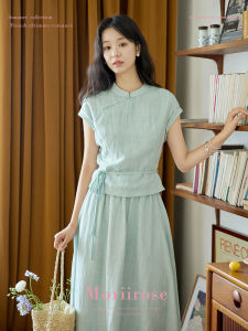 Moriirose Bộ Đồ Hai Mảnh Vải Lanh Lụa Phong Cách Trung Hoa Cổ Điển Cho Nữ Mùa Hè 2025 Áo Sơ Mi Và Chân Váy Nửa Thân
