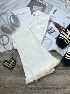 White Lace Trim Micro Flared Jeans Womens High Waist Slimming Small Size Bell Bottoms Cotton Stretch Denim Zipper Closure