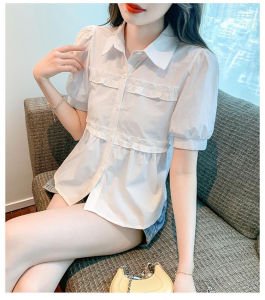 Korean Style Womens Shirt 2025 New Summer Design Polo Collar Bubble Sleeve Cover Belly Top Loose Fit Short Sleeve Pure Color