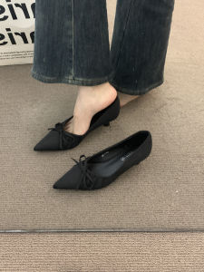 French High-End Satin Black Thin Heel Single Shoes Womens Shoes 2025 Spring Elegantly Pointed Commuting Evening Grandma Shoes