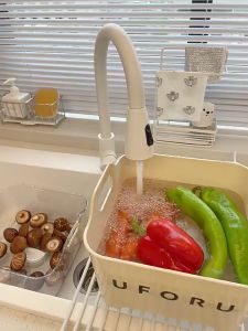 Rổ nhựa rửa rau củ hoa quả màu kem UFORU Rổ đựng bát đĩa ráo nước có quai xách tiện lợi chất liệu nhựa PET an toàn