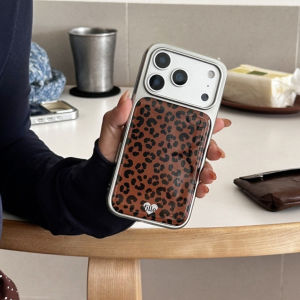 Stylish Retro Maillard Brown Leopard Print Drip Glue Silver Border Shock Proof Phone Cover Case for iPhone 17 16 15 14 Pro Max