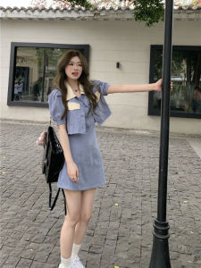 Slim Fit Polo Neck Denim Jacket Womens Summer Short Two Piece Set Sweet Style Button Pocket Detail Casual Loose Type Jeans