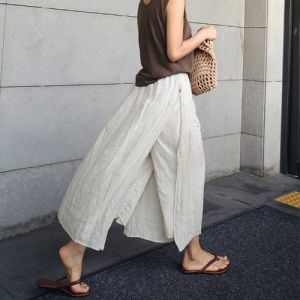 Artistic Retro Elegant Capri Culottes Women Thin Fake Two-Piece Cotton and Linen Loose Slimming Split Wide-Leg Straight Pants