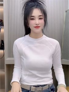 Slim Fit Womens T-shirt Shoulder Line Letter Print Base Layer Top European Design Style Spring Autumn New Arrival