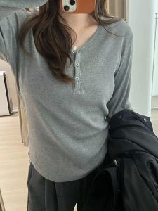 Áo Thun Dài Tay Cổ Chữ V Màu Xám Không Đều Thời Trang Thu Đông Cho Nữ Cỡ Lớn Áo Lót Ôm Vừa Vặn Thoải Mái Mặc Trong